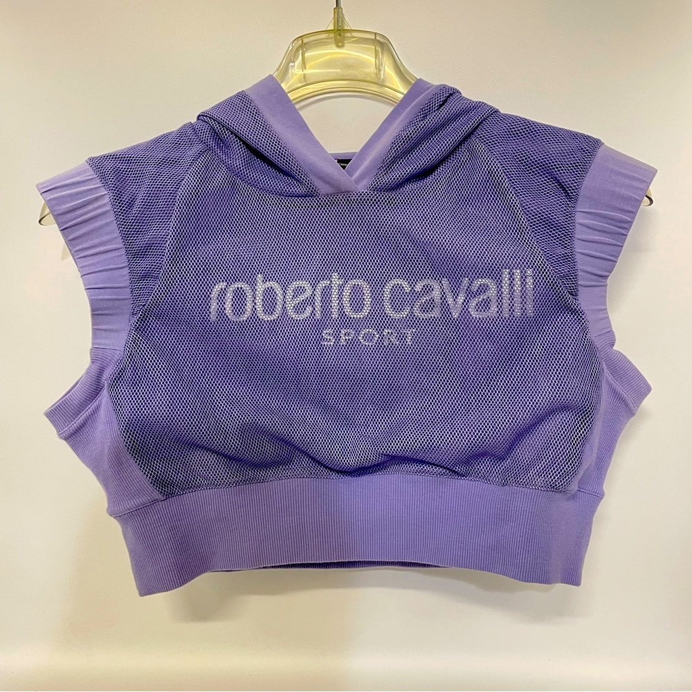 Roberto Cavalli Sport Lavender Purple Hooded Vest Crop Top Mesh Size S Preowned